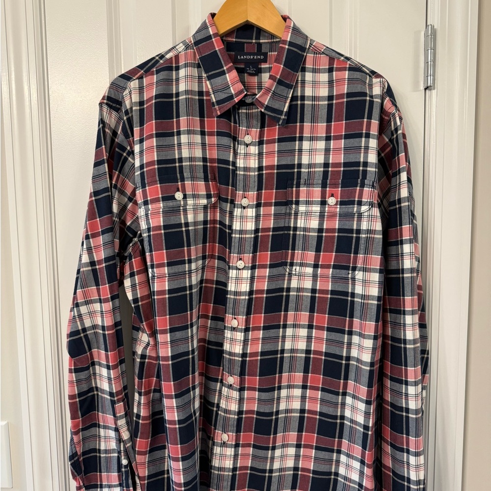 Lands' End Men's Casual Red and Navy Plaid Shirt